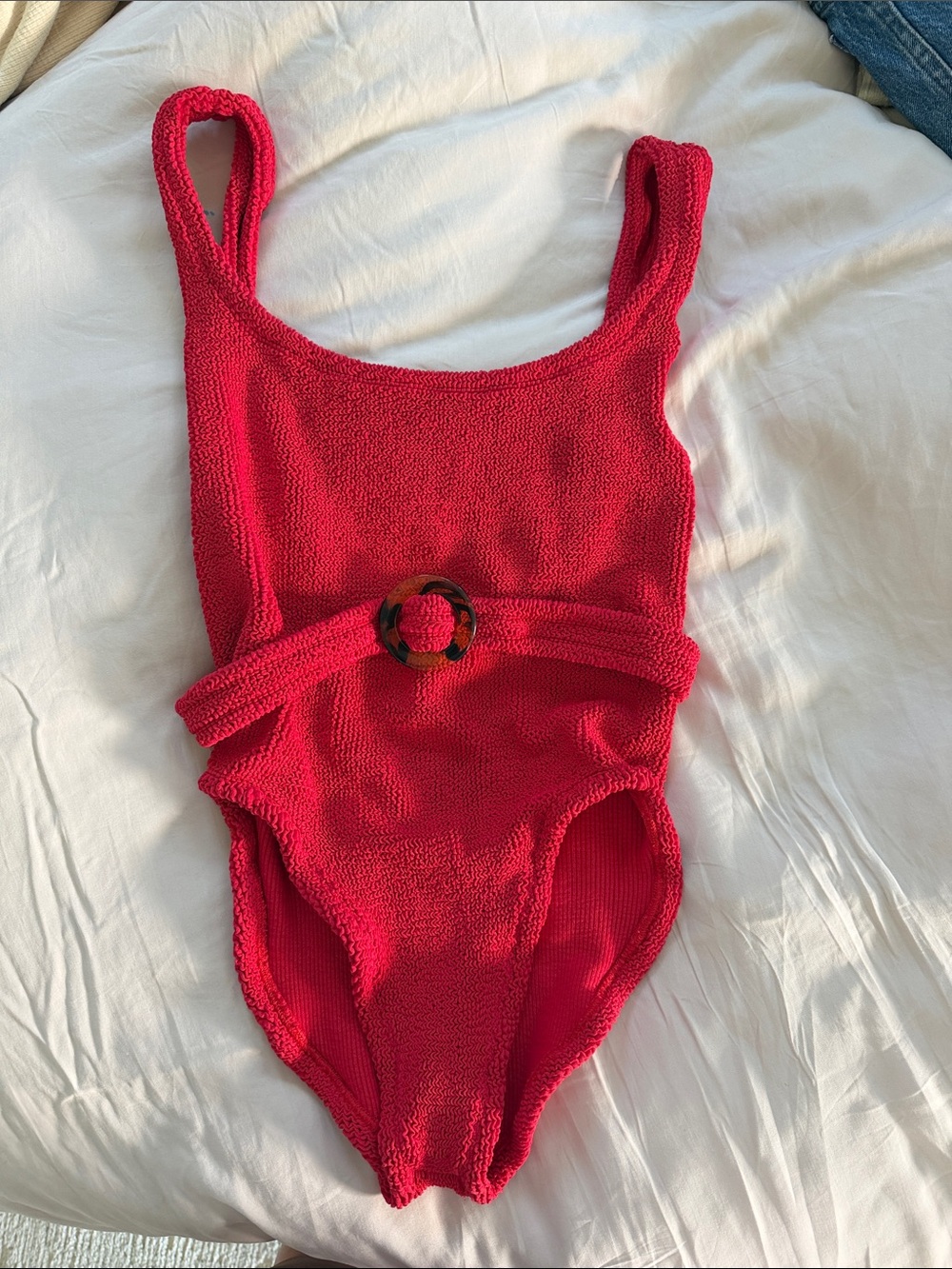 Hunza G Bright Red Textured One-Piece Swimsuit with Tortoiseshell Ring